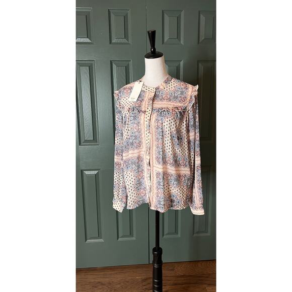 dylan Tops - Patchwork Sheer Women’s Dylan Ruffle Andie Long Sleeve Blouse Size Medium NWT